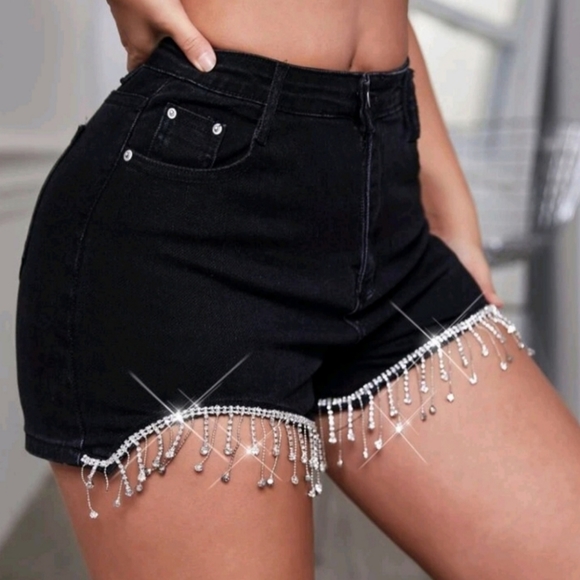 Black jean shorts with rhinestone drip - Picture 1 of 7